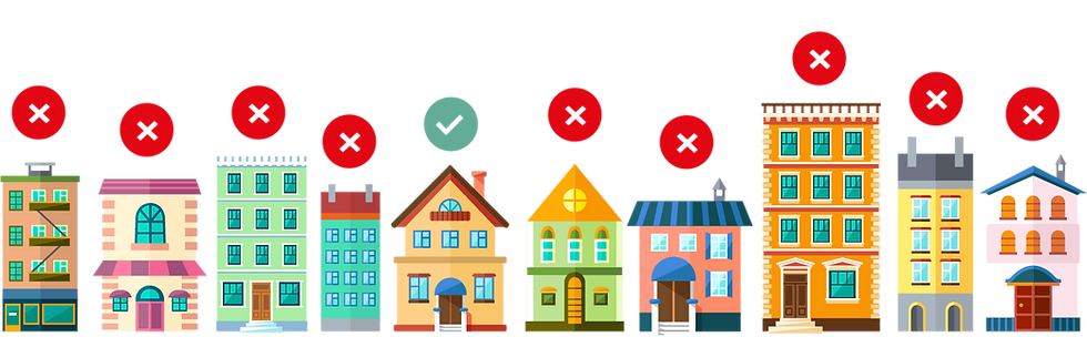 Cartoon properties with ticks and crosses indicating accurate and inaccurate insurance