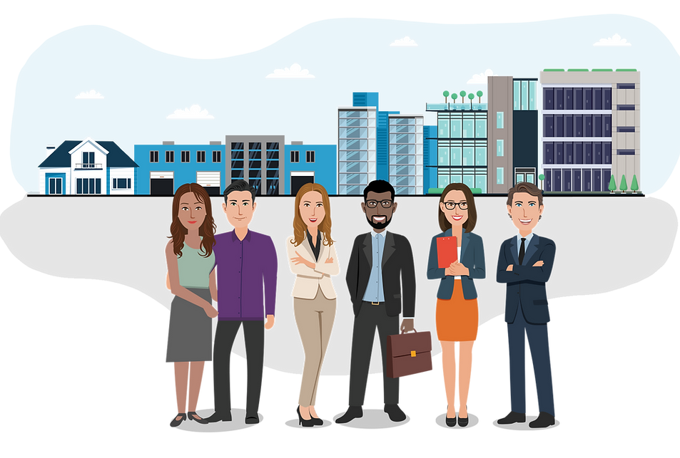 Cartoon representation of the RebuildCostASSESSMENT.com team stood in front of residential and commercial buildings
