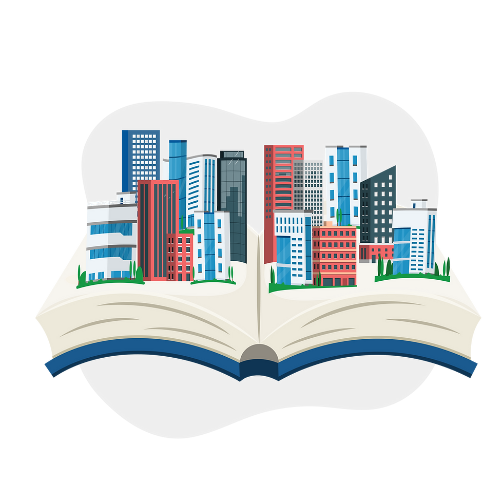 Cartoon open book with a skyline of properties protruding