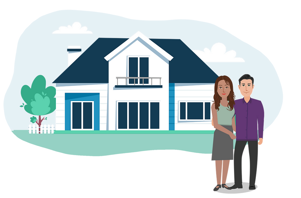 Cartoon couple stood outside their home