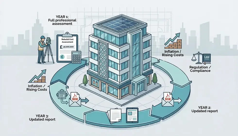 Infographic of a modern office building with arrows for Year 1-3, rebuild cost assessment, inflation, and compliance.