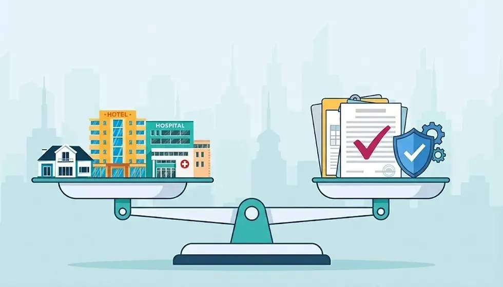Scale with buildings labeled hotel, hospital balanced against documents with checkmarks and shield. Cityscape in background.