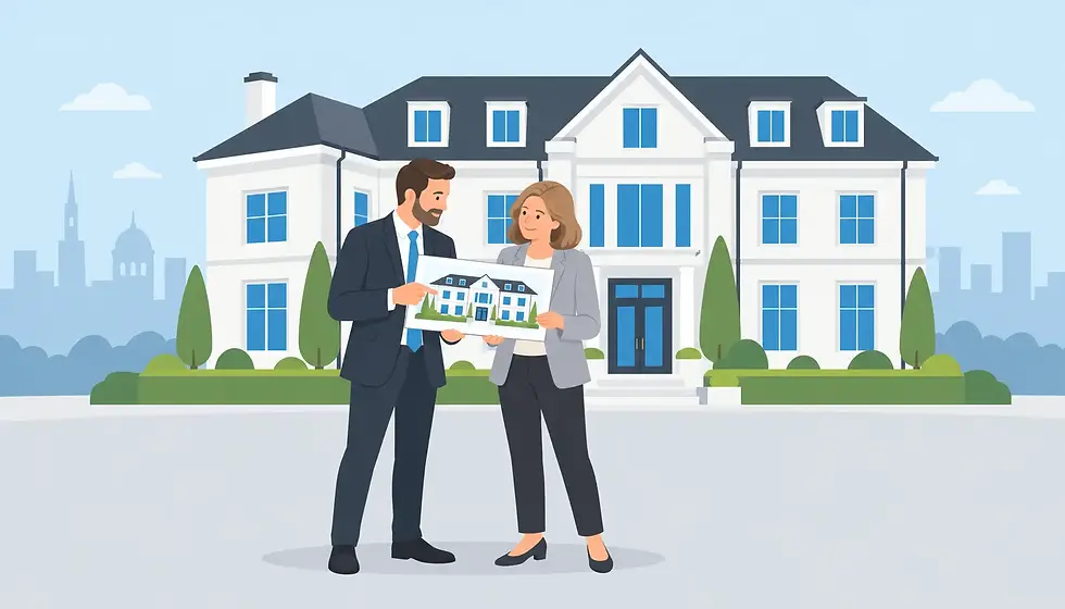 Illustration of a broker discussing a rebuild cost report with a client, with the assessed building behind them.