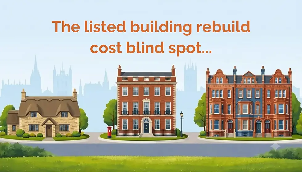 Illustration of three houses on a street with text: The listed building rebuild cost blind spot... in orange above a city skyline