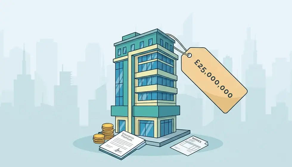 Illustration of a building with a £25,000,000 price tag, coins, and papers labeled "Insurance Premium" and "Invoice" against a cityscape.