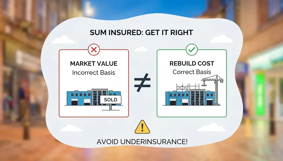 Diagram comparing incorrect market value vs. correct rebuild cost for insurance. Emphasises "Avoid Underinsurance!" with a warning icon.