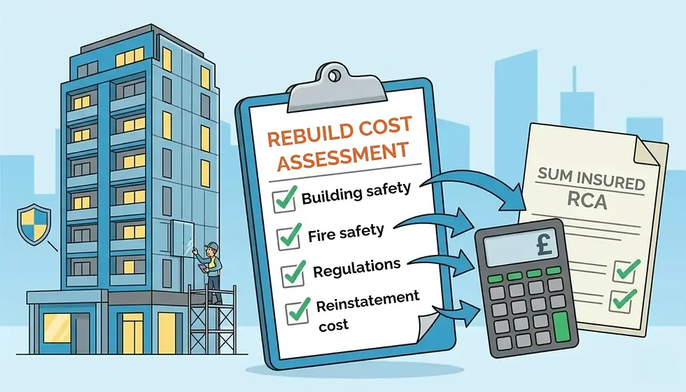 Illustration of apartment building and worker beside clipboard titled Rebuild Cost Assessment, with arrows to Sum Insured RCA and calculator.
