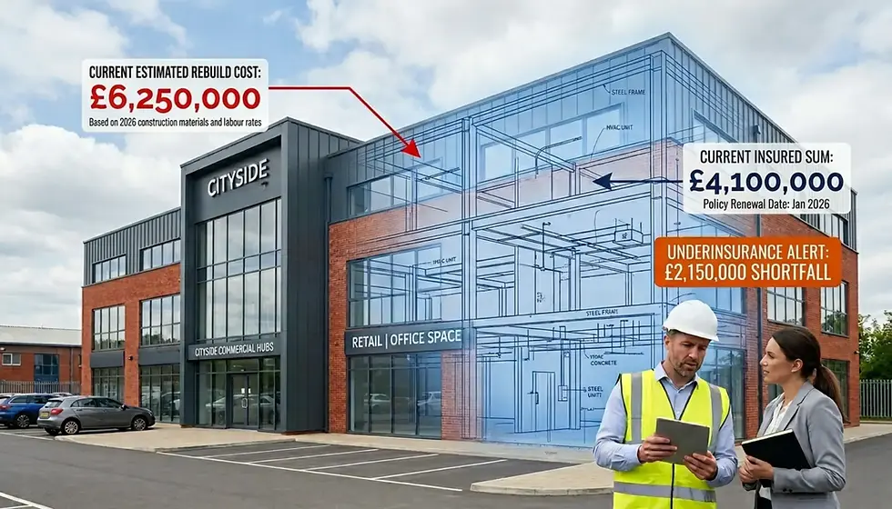 A building labelled "Cityside" with a blueprint overlay shows cost details. Two people discuss plans, one in a hard hat. Text highlights insurance shortfall.