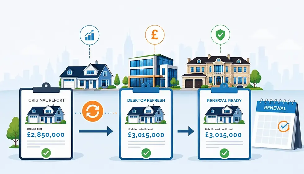 Property renewal infographic showing house valuations: original report £2,850,000, desktop refresh and renewal ready £3,015,000.