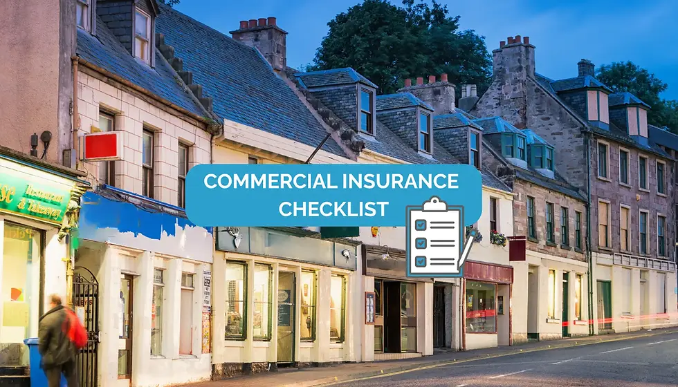 Street view of shops at dusk, with a blue sign reading "Commercial Insurance Checklist" and a checklist icon overlay.