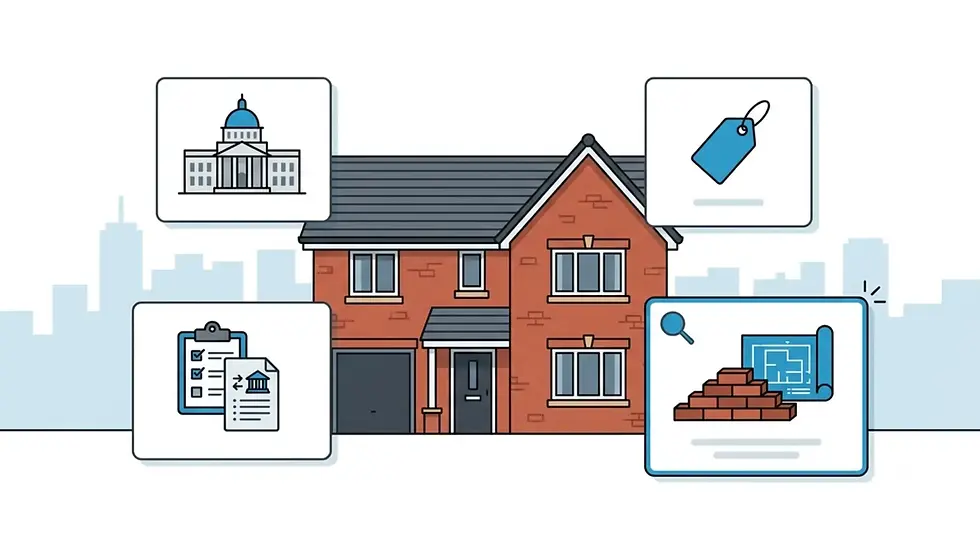 Illustration of a house surrounded by Council Tax, market, mortgage and rebuild valuation symbols, with rebuild cost highlighted.
