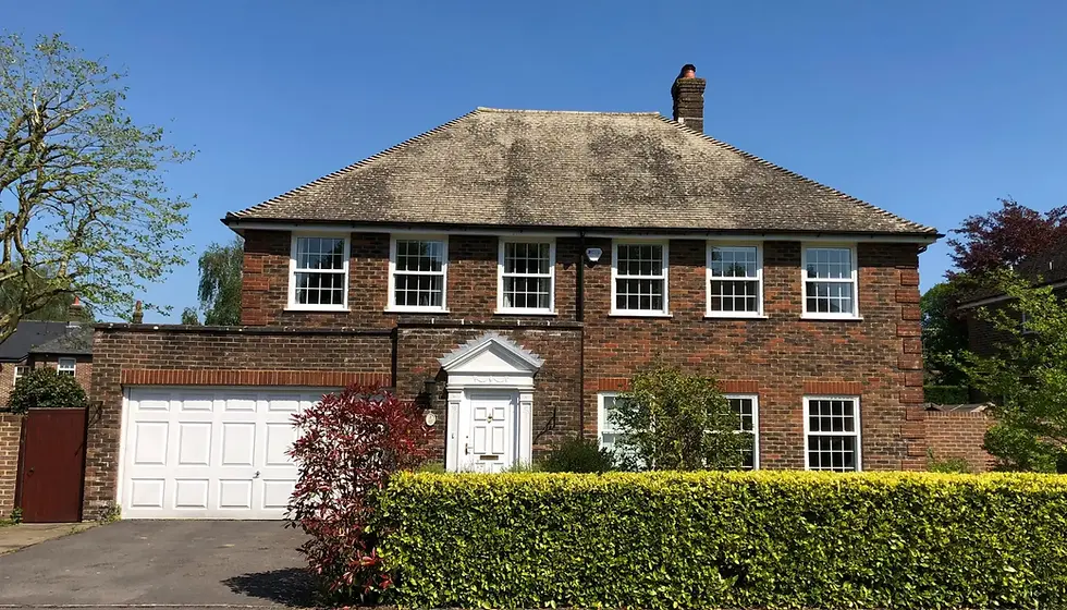 Brick house with two stories, white-trimmed windows, and a white garage door. Green hedge and red bush in front; clear blue sky.
