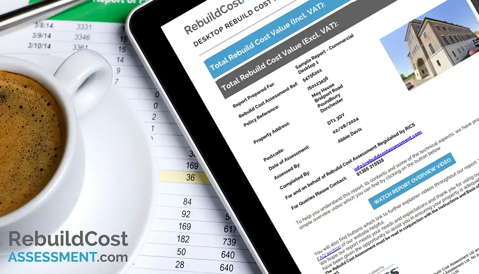 Tablet displaying a detailed desktop rebuild cost assessment report, placed next to a cup of coffee and financial documents, representing the accuracy and professionalism required for commercial premises insurance.