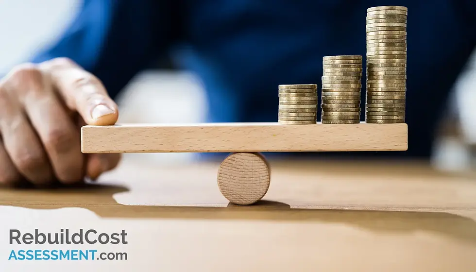 Stacked coins balanced on a wooden plank, symbolising the financial impact of rebuild costs on commercial property insurance premiums and the importance of finding the right coverage.