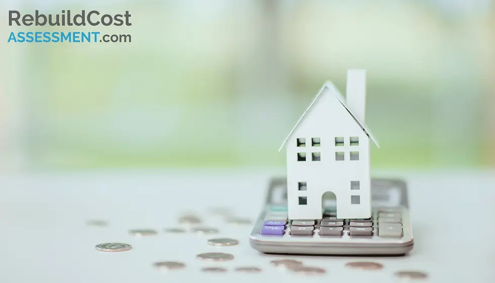 Small model house placed on a calculator with coins scattered, symbolising financial calculations for building insurance for mortgage approval.