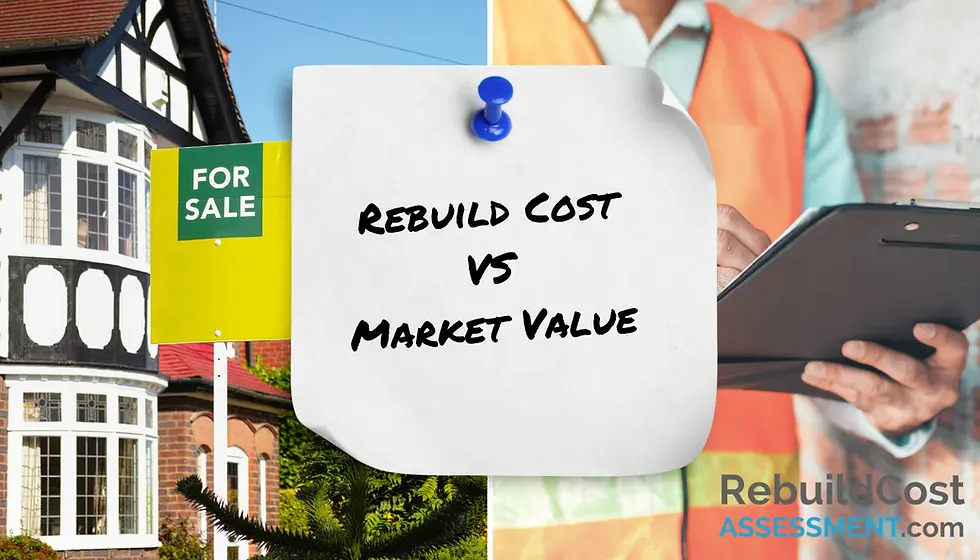 Collage featuring a traditional UK house with a 'For Sale' sign, a note reading 'Rebuild Cost vs Market Value,' and a surveyor in high-vis gear taking notes.