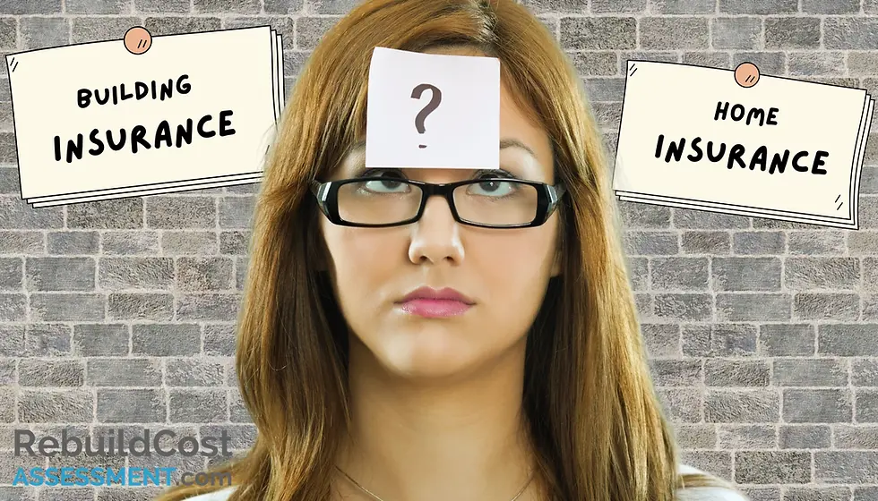 Confused woman with a question mark on her forehead, debating building insurance vs home insurance options.