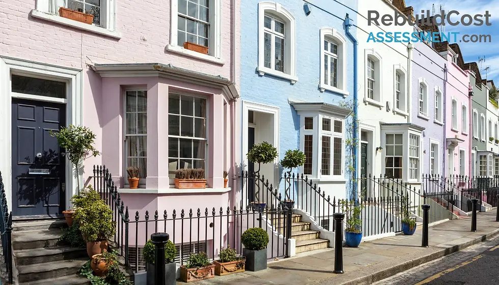 Row of colourful houses, highlighting the difference between building insurance vs home insurance for homeowners.