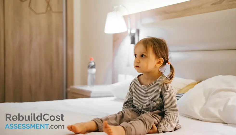 Young child sitting on a bed, highlighting the need for comfortable alternative accommodation during home repairs.