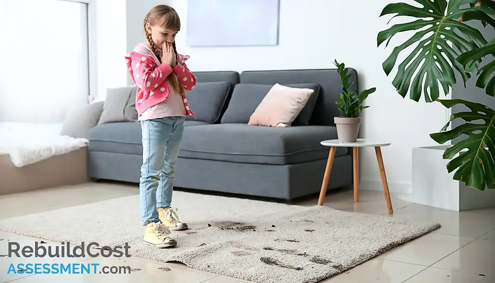 Young girl in a pink polka-dot jacket looking concerned at muddy footprints on a beige carpet, highlighting the accidental damage caused in a modern living room.