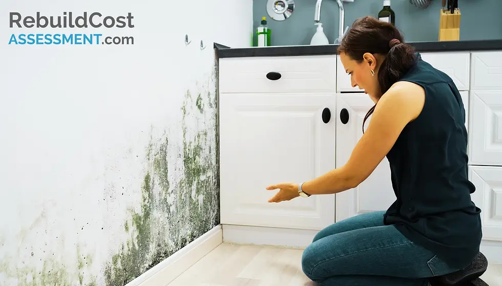 A woman inspecting a mouldy wall in a kitchen, highlighting the importance of building insurance for property damage protection.