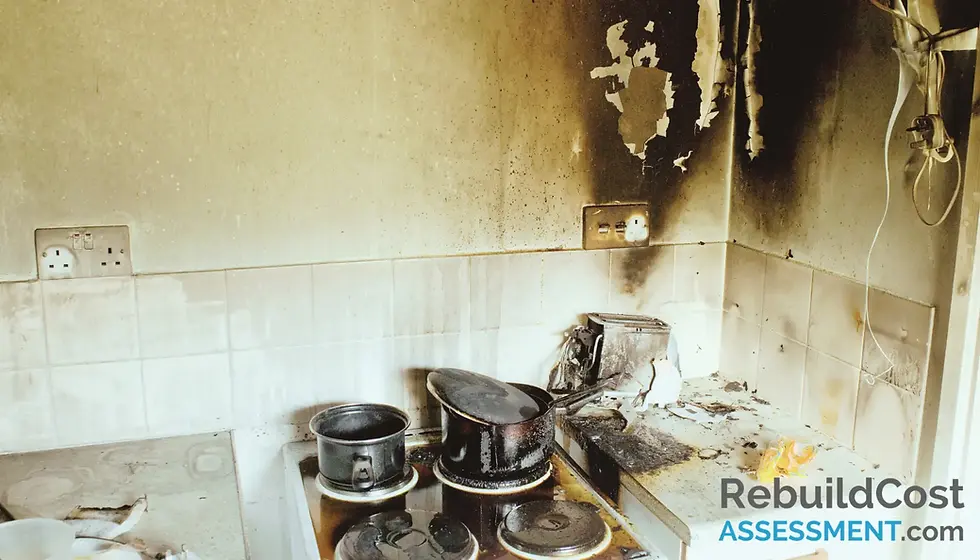 Kitchen severely damaged by accidental fire, showing scorched walls, burnt electrical outlets, and destroyed appliances as a result of accidental damage.