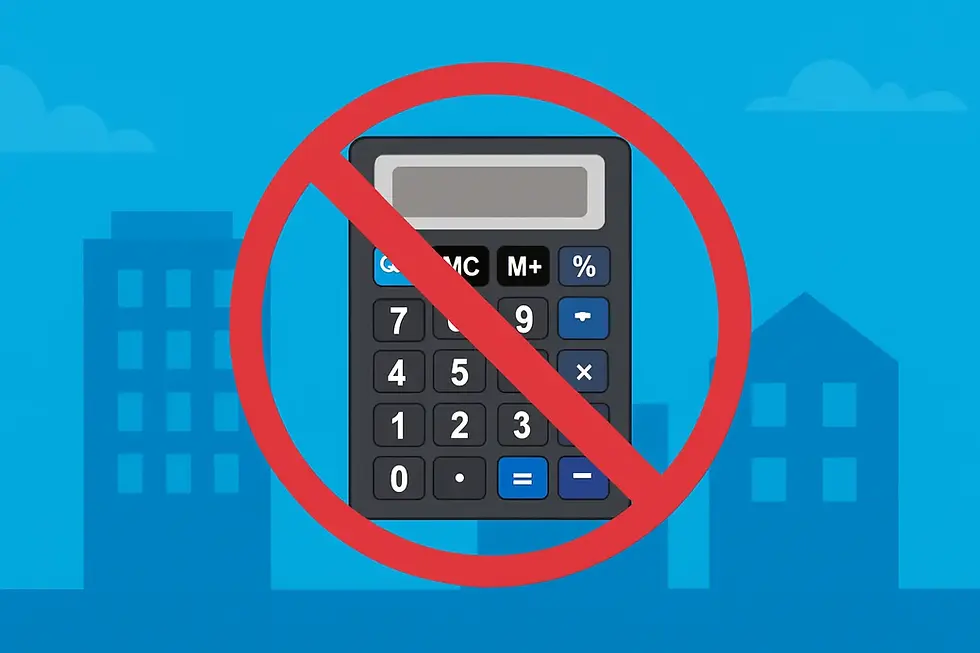 Calculator with a red no symbol over it, set against a blue cityscape background with clouds, conveying prohibition.