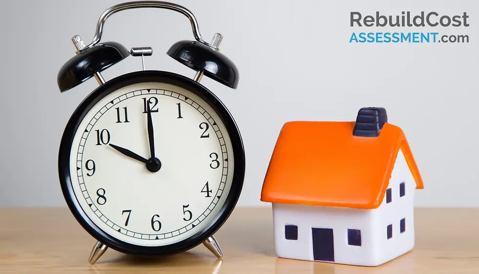Clock next to a model house, symbolising the importance of timing in building insurance when buying a house.