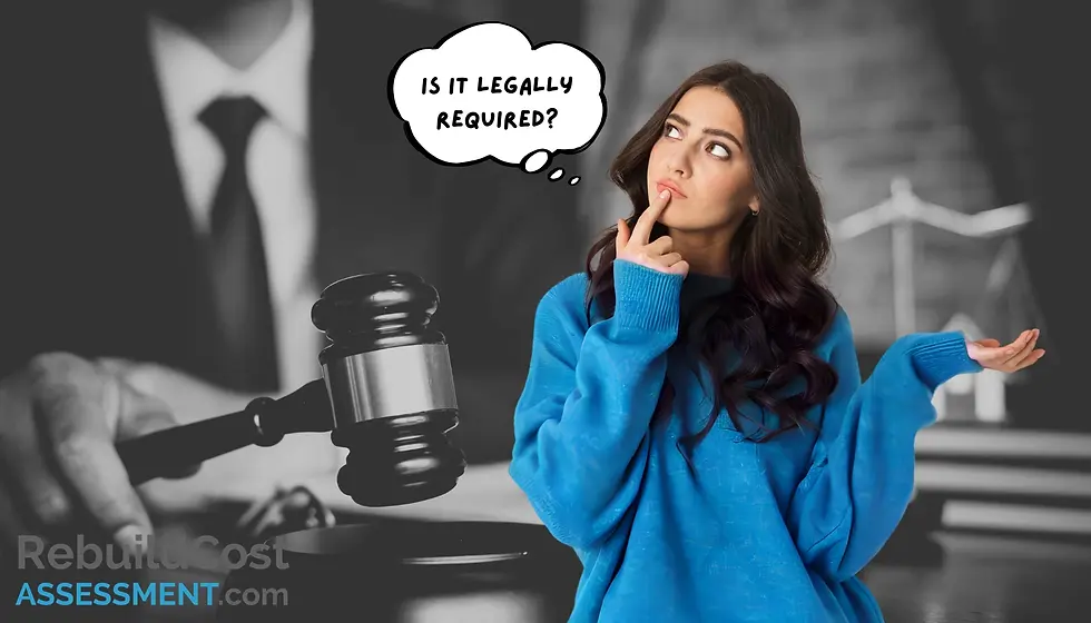 A thoughtful woman with a speech bubble asking, 'Is it legally required?' in front of a gavel, exploring whether building insurance is a legal necessity.