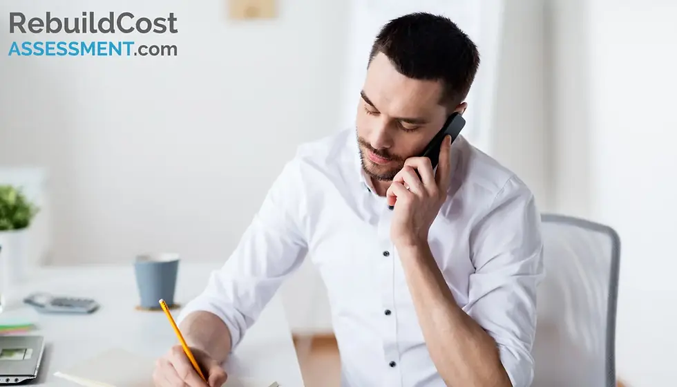 Man in a white shirt making a phone call while taking notes, discussing his insurance options with potential insurers, ensuring he has the right cover for his property.