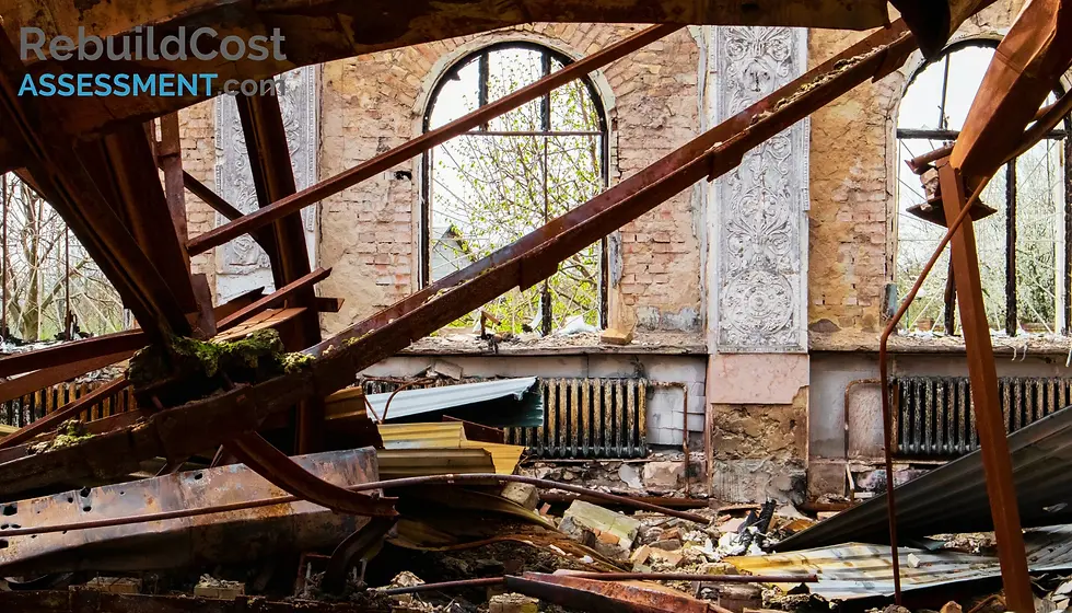 Interior view of a partially collapsed brick listed building, highlighting structural damage and exposed beams, representing rebuild cost considerations.