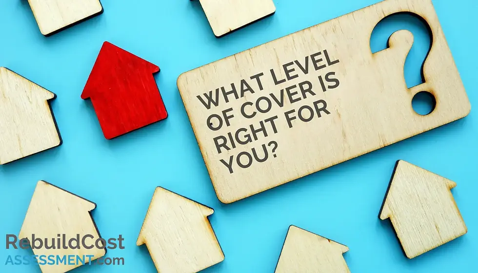 Wooden house shapes with a sign reading 'What level of cover is right for you?', highlighting the importance of selecting the right building insurance coverage.