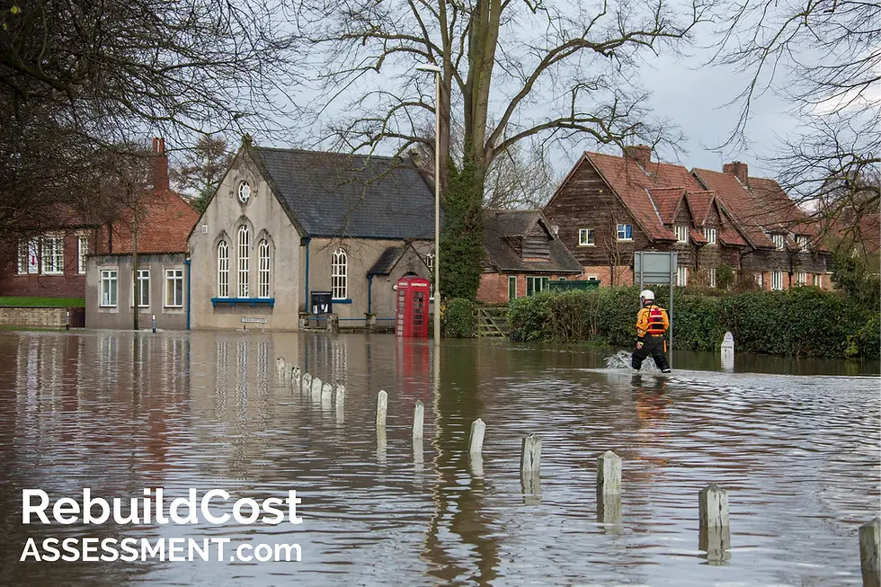Flooded street with a rescue worker in an orange vest wading through water. Brick buildings and bare trees in the background. RebuildCostASSESSMENT.com logo in bottom left corner.