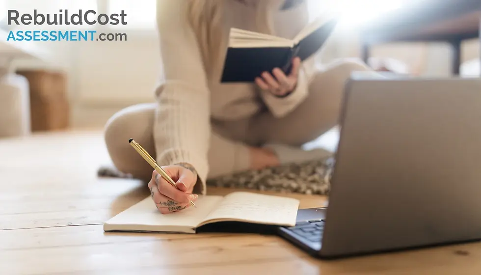 Person writing notes while researching on a laptop, comparing building insurance vs home insurance policies.