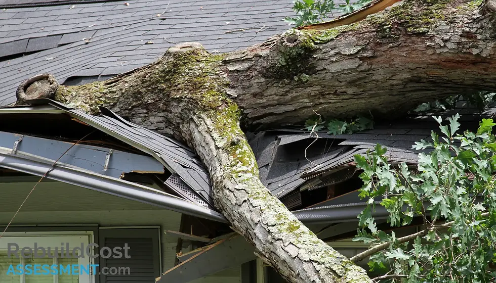 A large tree has fallen onto the roof of a house, causing significant damage, illustrating the importance of accurate building insurance cost coverage. This image emphasises the potential risks and the need for comprehensive building and contents insurance.