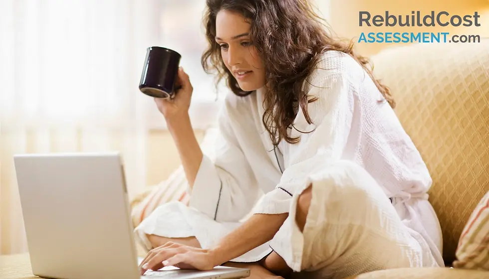 A relaxed woman in a white robe using a laptop and drinking coffee, researching building insurance options online.