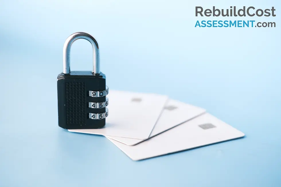 A black combination lock on three credit cards against a light blue background. Symolising the significance of financial security in buildings insurance. RebuildCostASSESSMENT.com logo in the upper right corner.