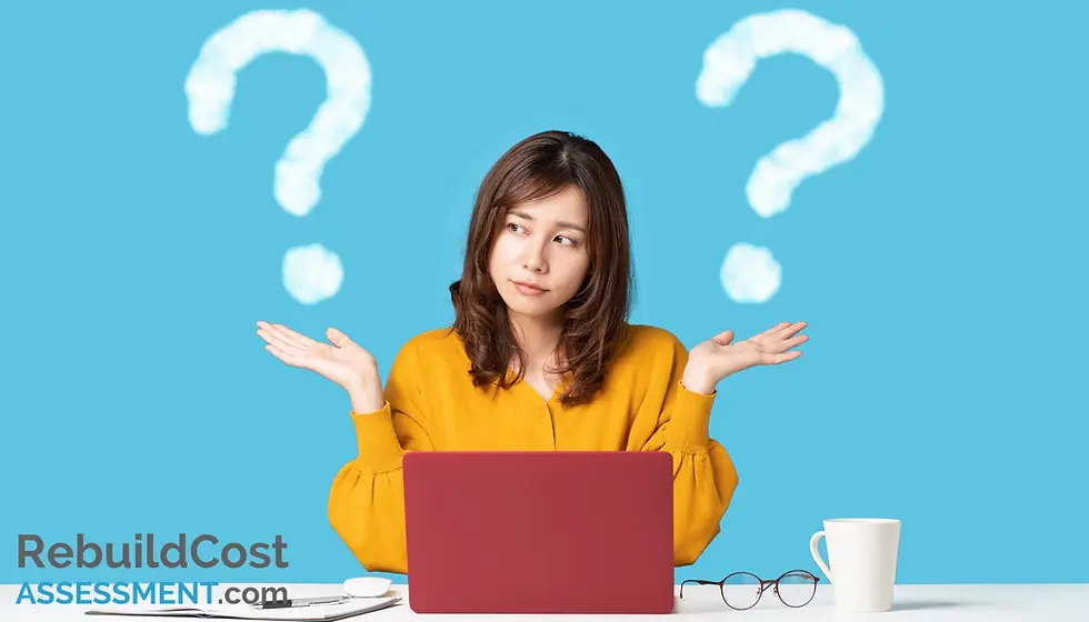 Woman shrugging with question marks in the background, representing uncertainty about how to compare building insurance.