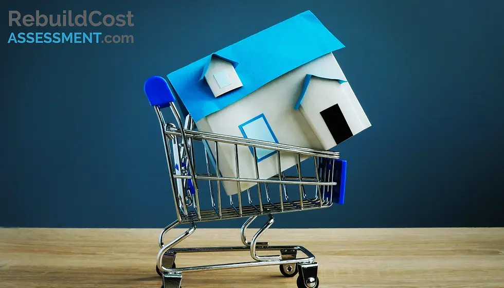 Model house inside a shopping trolley, representing key considerations for building insurance when buying a house.