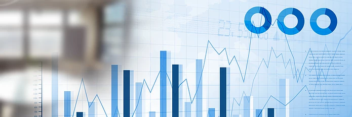 Blue bar and line graphs overlaid on a blurred office background, with three blue circle charts above, conveying data analysis.