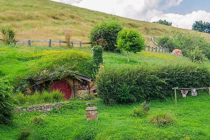 Hobbit-style house with a round door nestled in a grassy hillside, surrounded by lush greenery and flowers, under a cloudy sky.