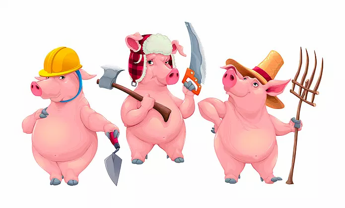 Three cartoon pigs dressed as builders and farmers, holding tools like a trowel, saw, and pitchfork, on a white background.